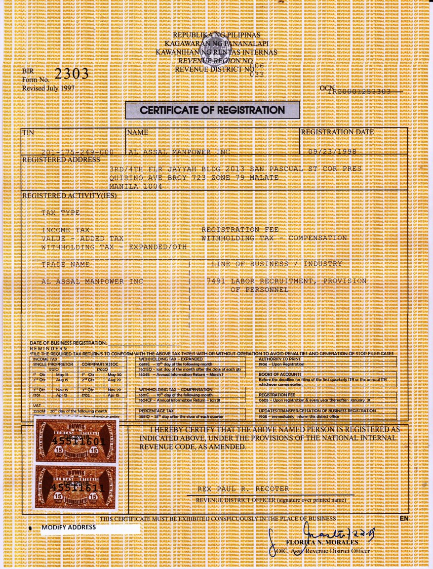 Al Assal Manpower, Inc.'s Bureau of Internal Revenue (BIR) Certificate of Registration