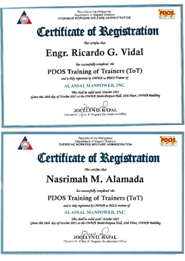 Al Assal Manpower, Inc.'s Pre-Departure Orientation Seminar (PDOS) certificate of accreditation