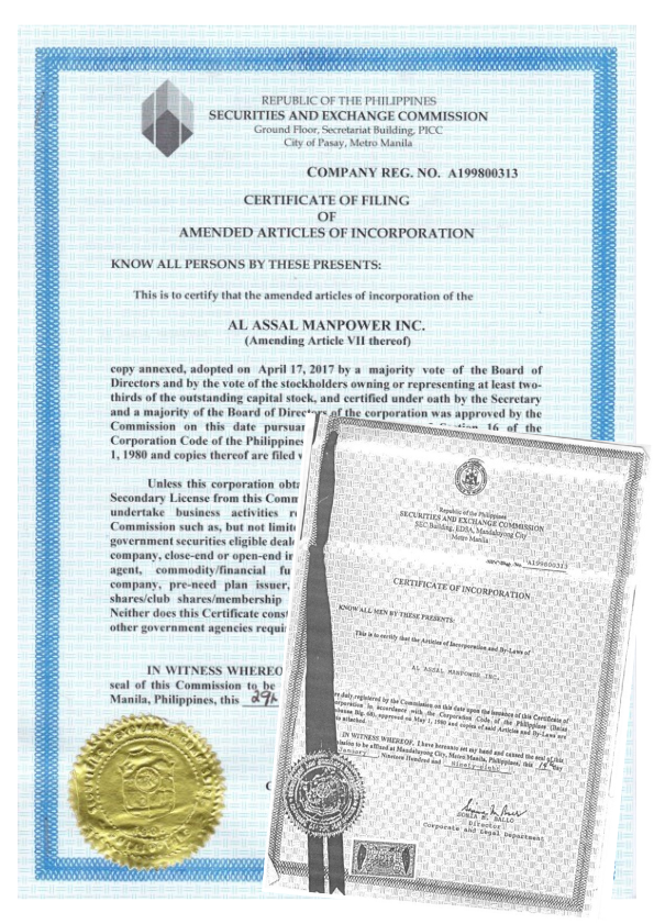 Al Assal Manpower, Inc.'s Securities and Exchange Commission (SEC) Certificate of Incorporation