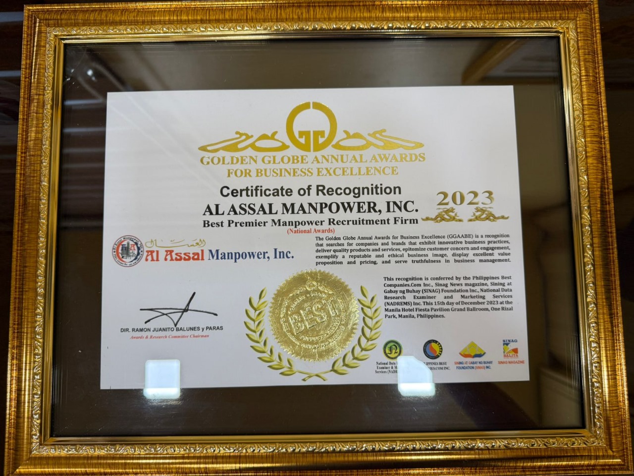Golden Globe Certificate of Recognition 2023